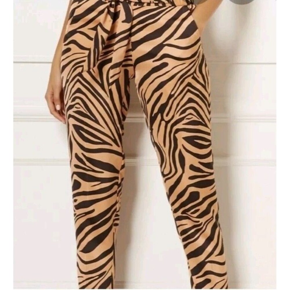 Ny & Co Eva Mendes Tiger Animal Print Pants Slacks Tan/Black w/Belt Tie Sz M NEW